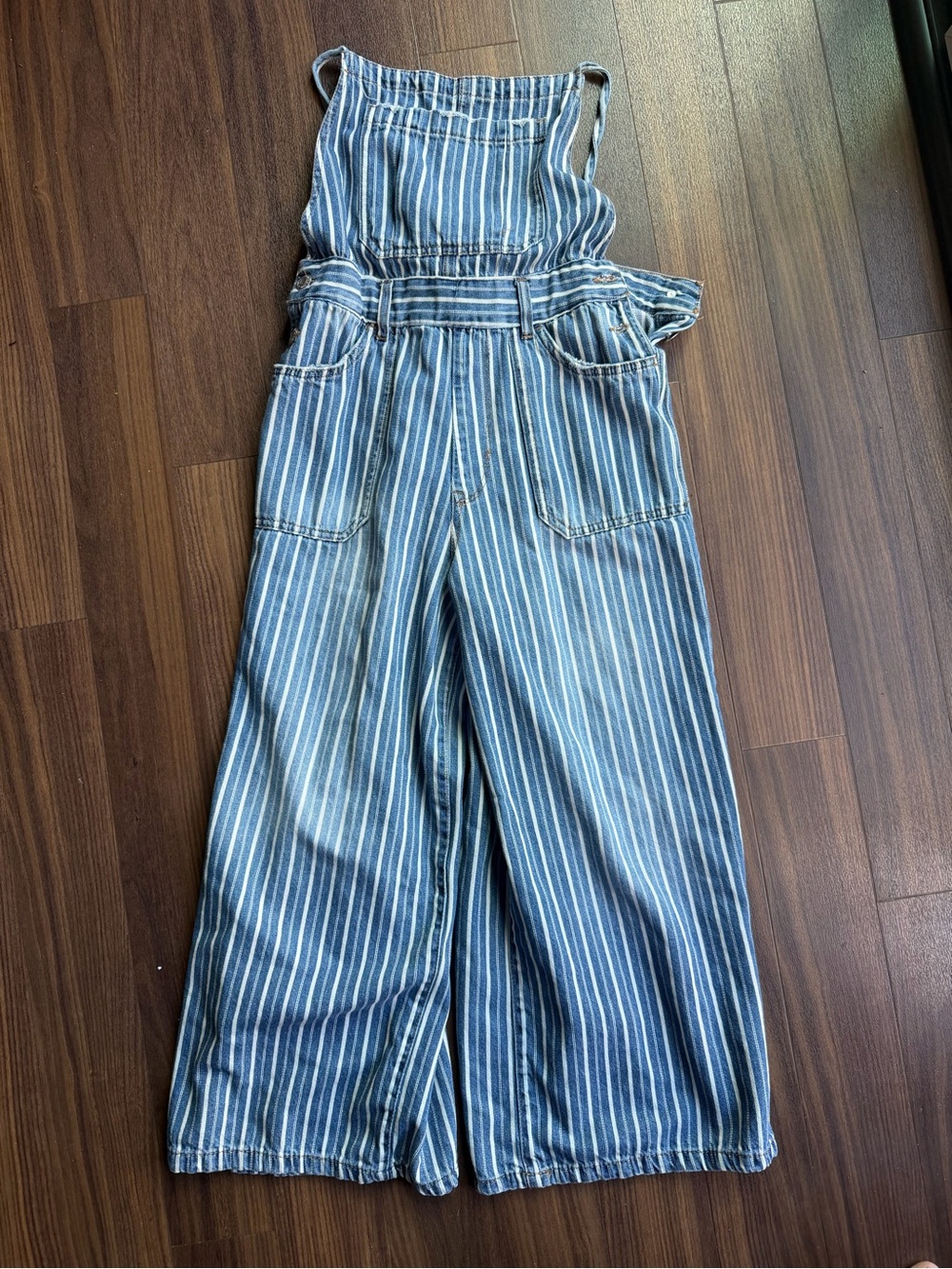 Kensie Blue and White Striped Wide-Leg Overalls